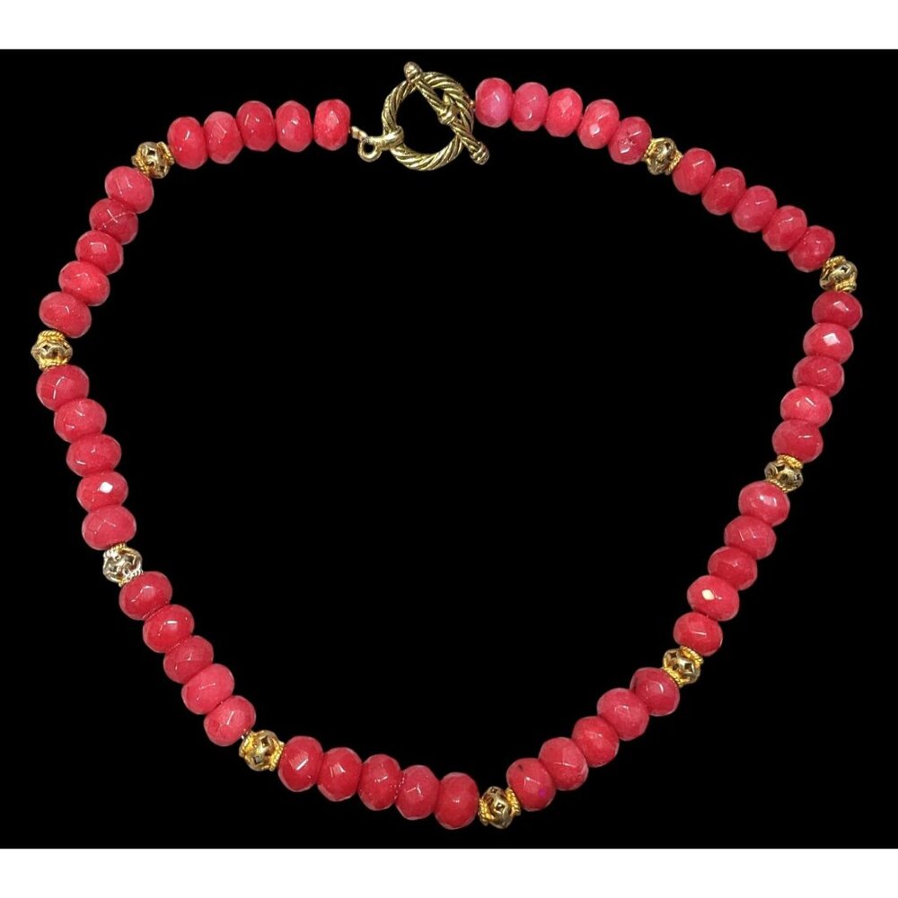 Vintage Handmade Faceted Thulite Beaded Necklace With Gold Tone Filigree Accents